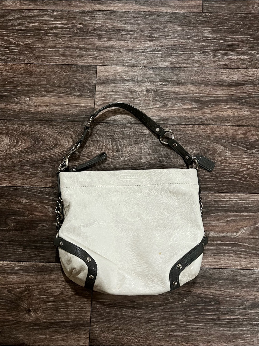 Coach Carly Hobo White Leather Shoulder Bag with Gray Accent and Strap